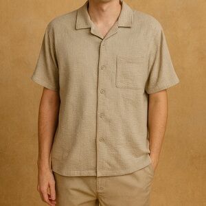 Rustic Souls Textured Short Sleeve Cool Dad Mens Sz M Button Up Camp Shirt Tan